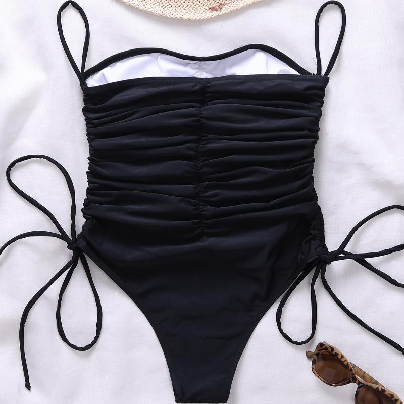 Women's Black Tube Top One-Piece Swimsuit Side Drawstring Tie Sexy Bikini Swimsuit