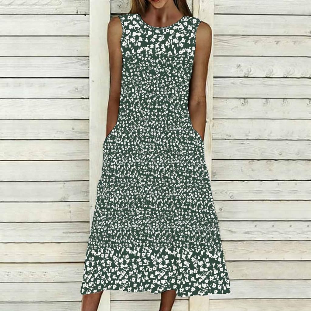 Women Oversized Sleeveless Crew Neck Dress Soft Watercolor Floral Loose Mid Calf Gown