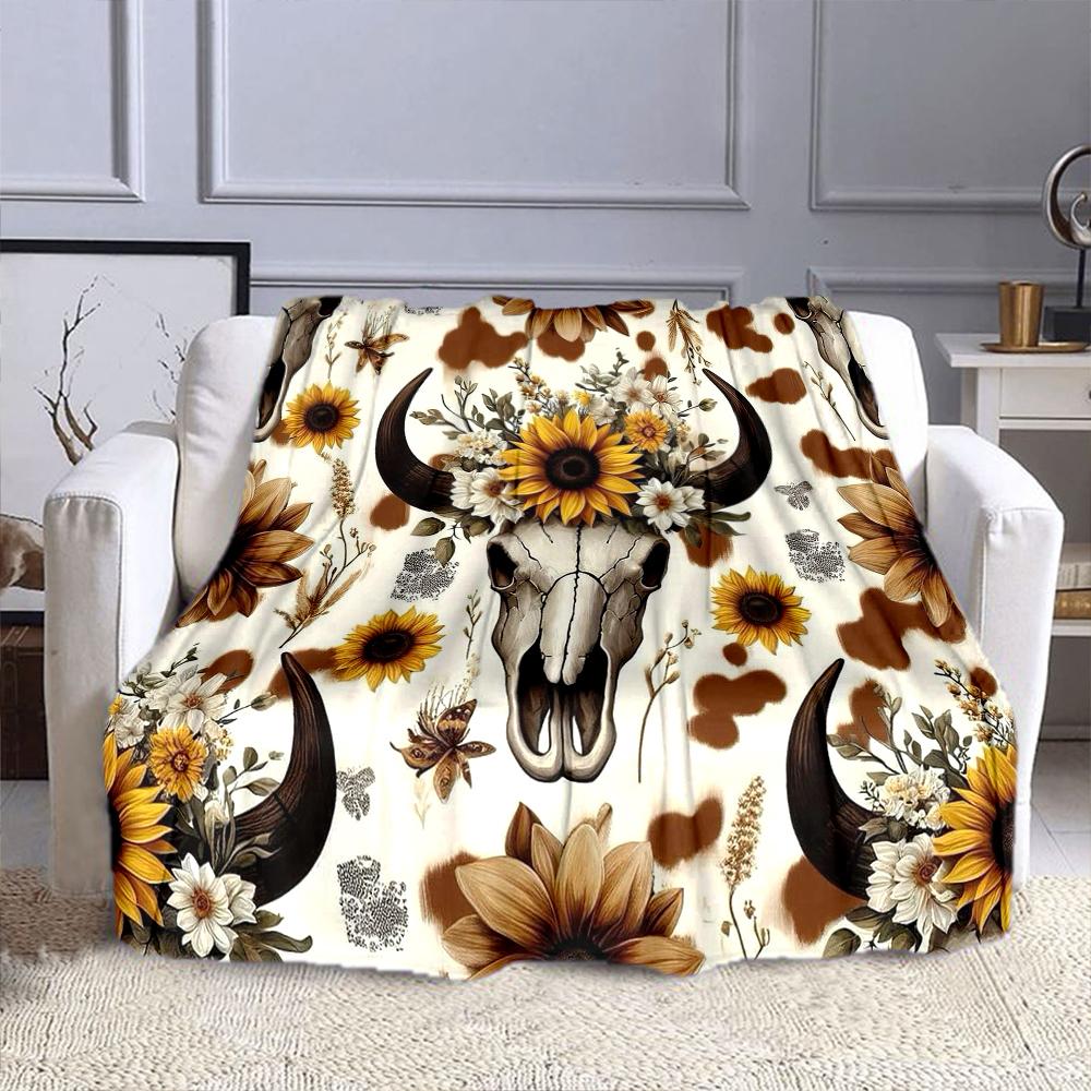 Floral Cow Skull Western Design Patterned Flannel Blanket Perfect for the Bedroom Living Room, Sofa, or a Little Nap