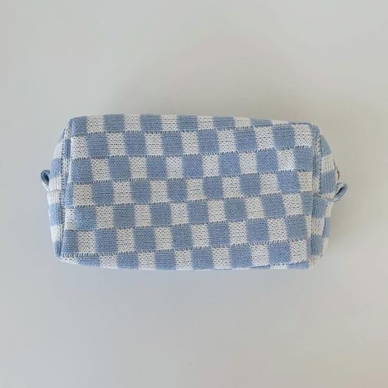 Checkered Makeup Bag for Women Knitted Travel Cosmetic Pouch Portable Plaid Toiletry Organizer with Zipper for