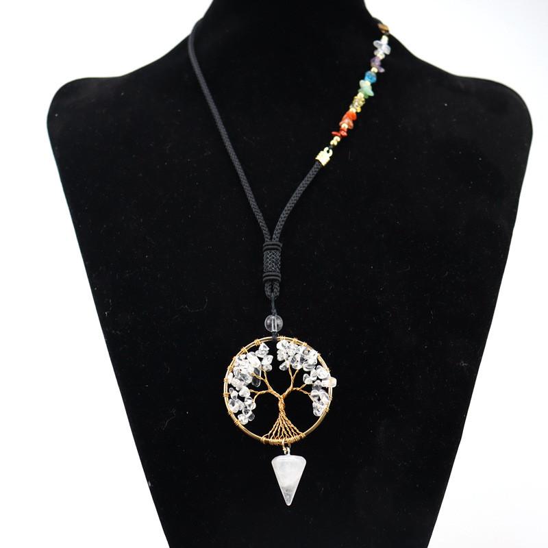 Artificial Agate Tree Of Life Pendant Necklace With Crystal Drop For Women