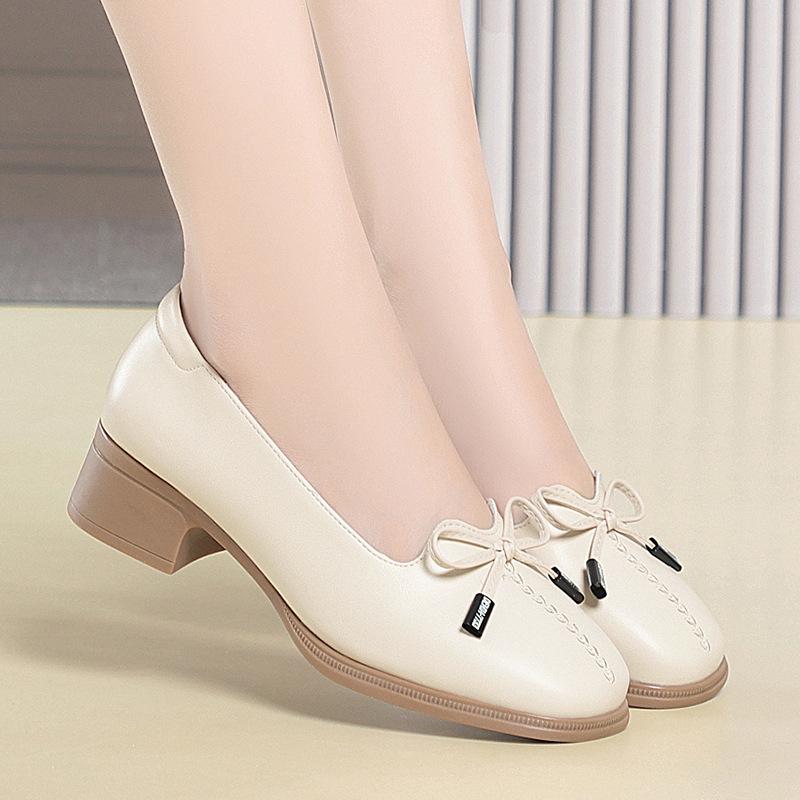 

Womens Black Leather Loafers With Bow Detail Low Block Heel Comfortable On Pumps Elegant Soft Leather Upper Non Slip Outsole 35