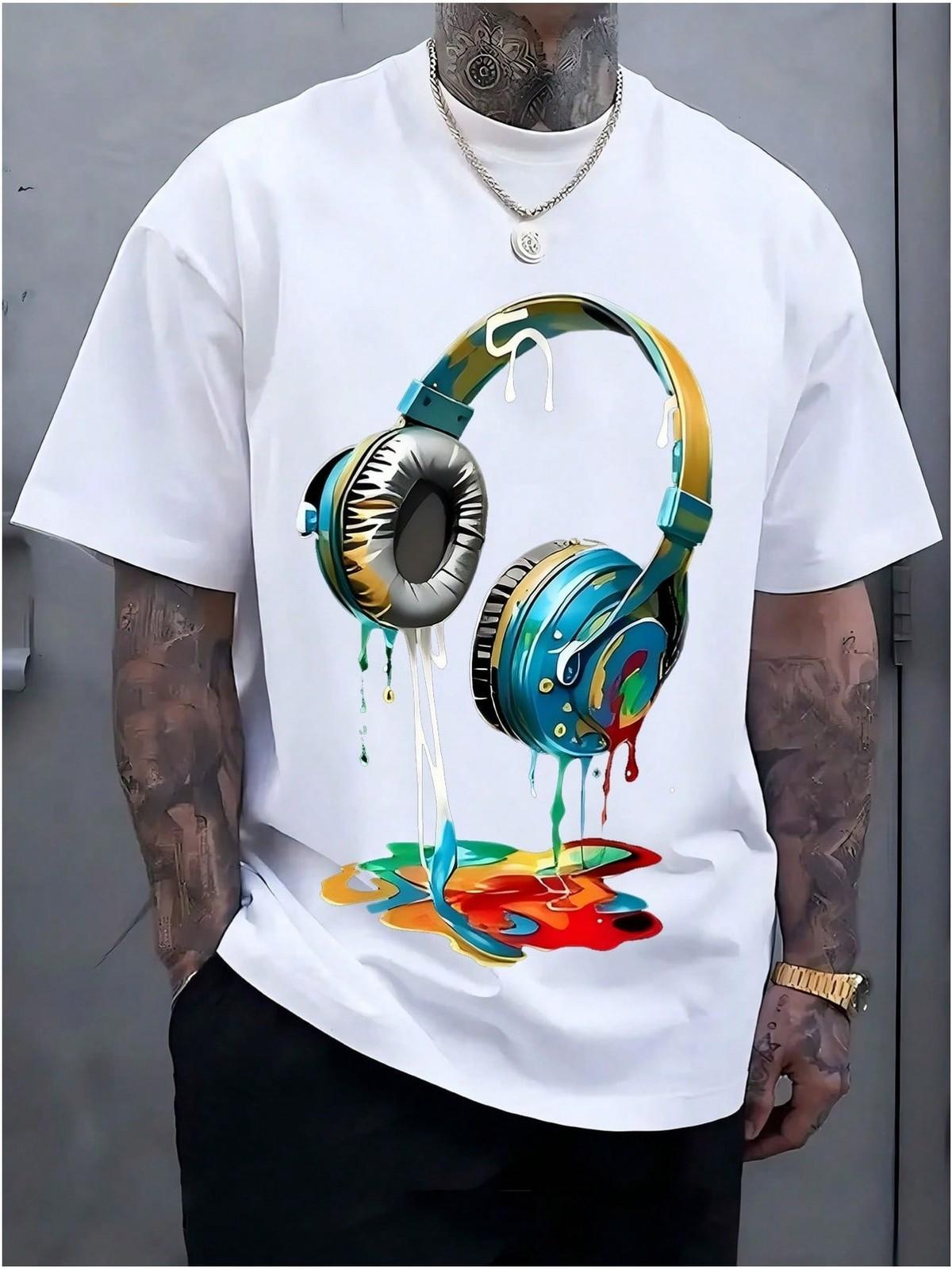 Men s Cotton T-Shirt With Vibrant Headphone Graphic Print Casual Street Style S