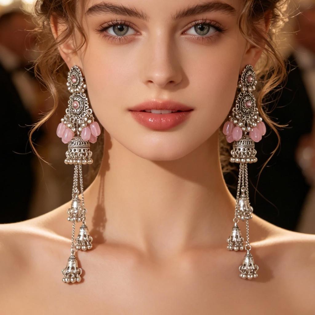 Vintage Indian-style diamond-encrusted oval multi-bell long earrings, retro niche high-end earrings