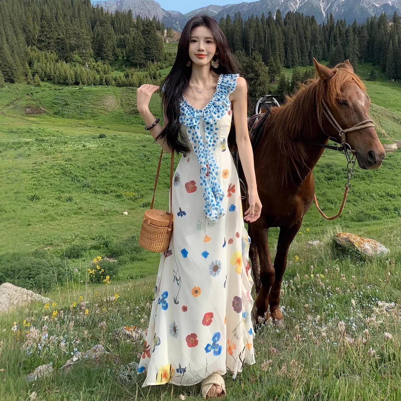 Women s Floral Sleeveless Long Dress, Japanese Summer 2026 Style S