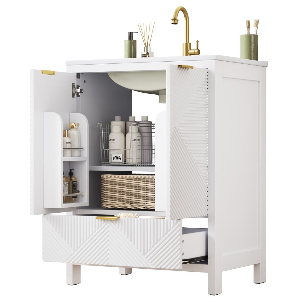 61 Cm Standing Bathroom Cabinet with Ceramic Basin, Wave Pattern, Soft-Close Hinges, Door Shelf Inserts, Shelves & Drawers, Without Faucet, White
