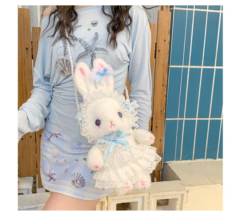 Lolita Plüsch Hasen Tasche mit Schleife, Perlenkette und Herz Design - Süße Girly Umhängetasche