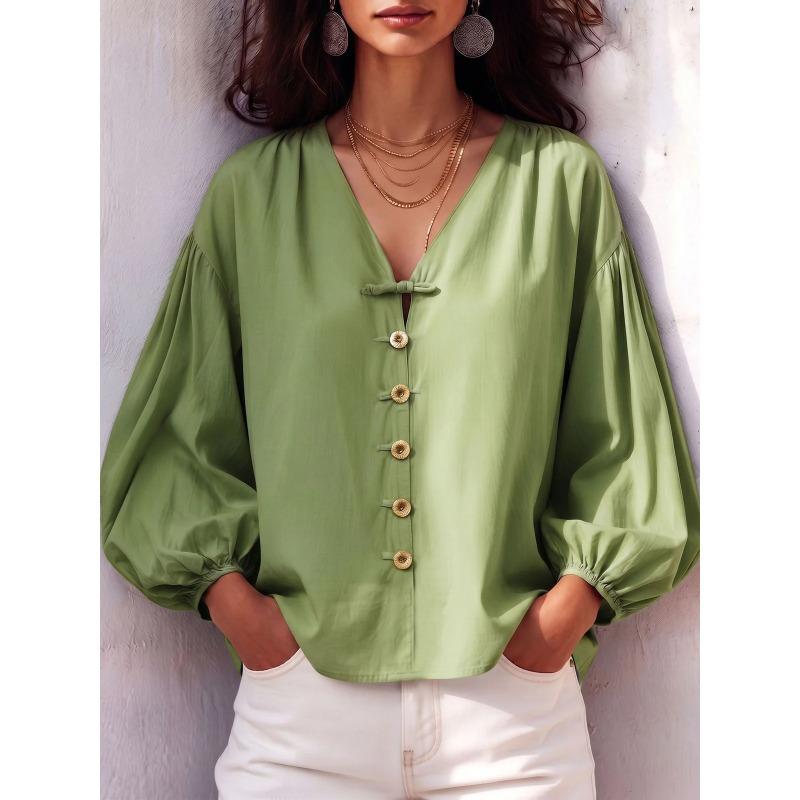 JPNTKY Damenmode Lässige V-Ausschnitt Langarm Blusen & Hemden