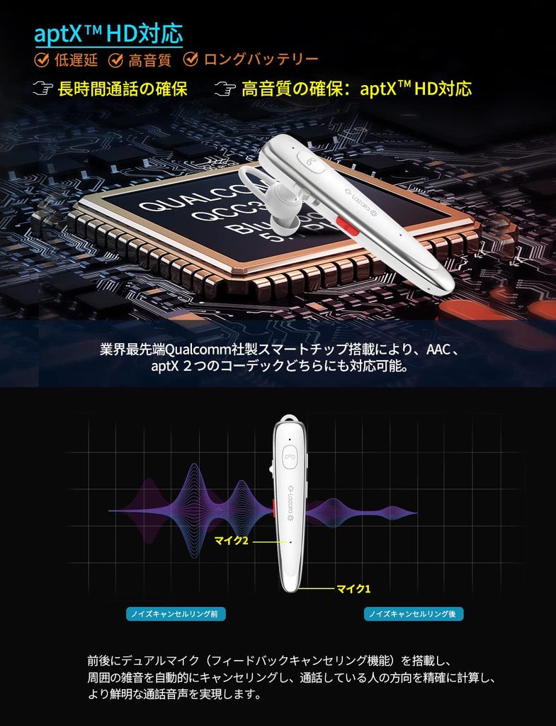 Glazata Japanese Voice Wireless Headset Bluetooth Earphones with Qualcomm Smart Chip aptX Dual Microphone Call ENC Noise Reduction MEMS High