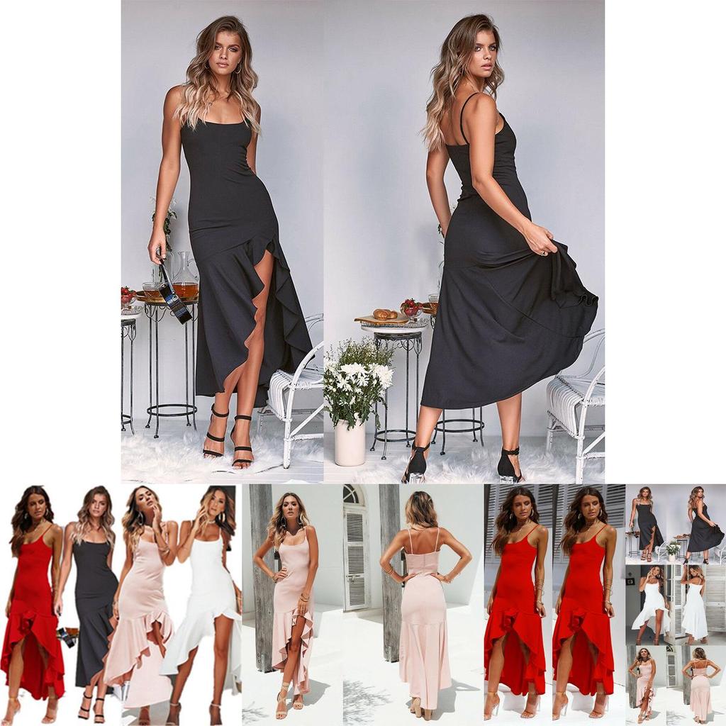 Elegant Women Sleeveless Ruffle Asymmetric Cocktail Long Maxi Sun Dress For Summer