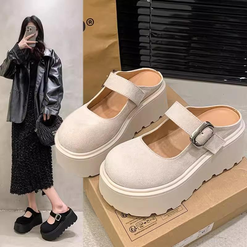 2025 Spring Muffin Thick-bottomed Bag Head Half Slippers Women Wear New Height-increasing Versatile Velcro Retro Cool Slippers