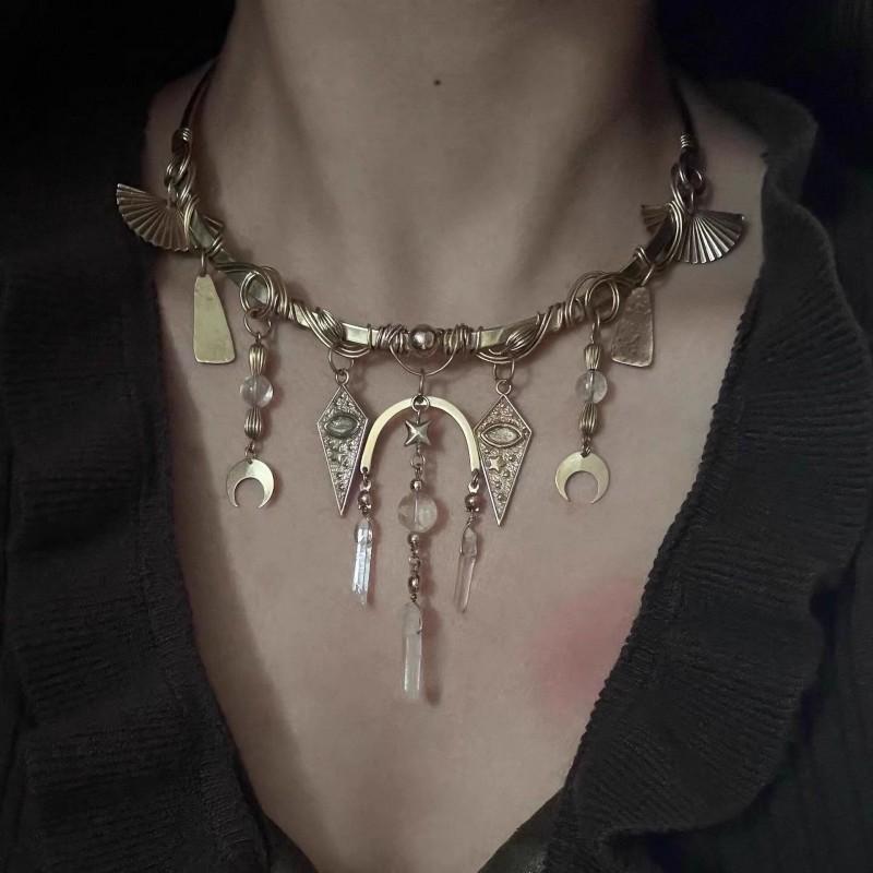 Vintage Gold Geometric Tassel Pendant Necklace Women Elegant Minimalist Choker Statement Jewelry Multi-element pendant necklace