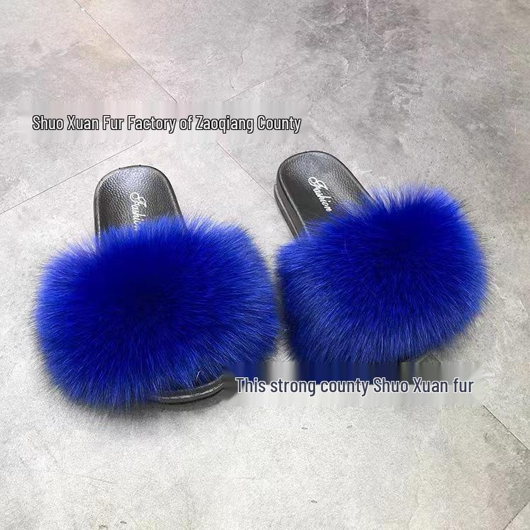 Women's Summer Fox Fur Slippers: Celebrity Trend, Flat Fur Sandals, Soft-Soled Flip Flops, Euro-American Style.