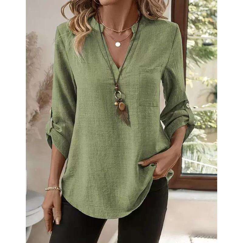 QICED Women's Fashion Casual Solid Color Print Long Sleeve V Neck Blouses & Shirts