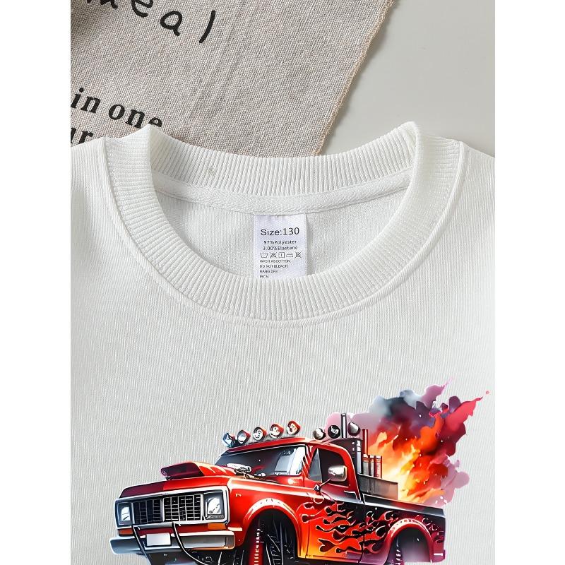European sizes Red Flame Monster Truck Racing Girls' Crew Neck Sweatshirt, Autumn Winter Western Top, Long Sleeved Casual.