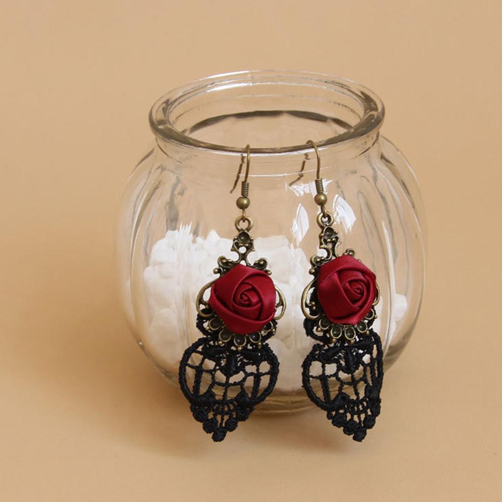Gothic Dangle Earrings Medieval Retro Vampire Silk Red Rose Lace Elegant Party Costume Ball Drop Earrings Women Jewelry