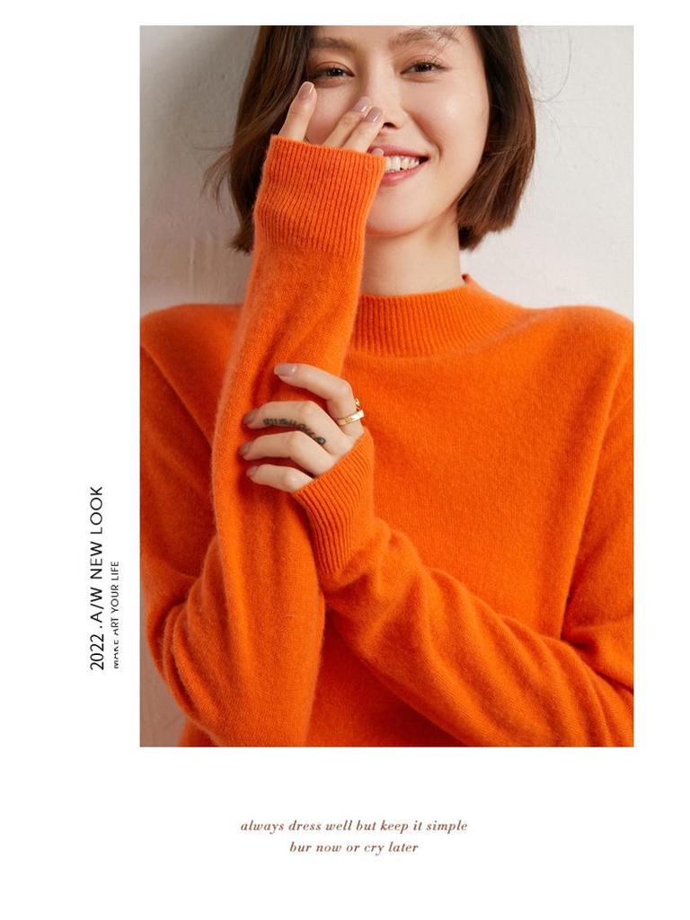 2024 Fall/Winter Women's 100% Wool Semi-High Neck Loose Knitted Sweater