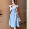French coffee break square neck short-sleeved solid color dress summer new temperament waist fold fashion splicing long skirt