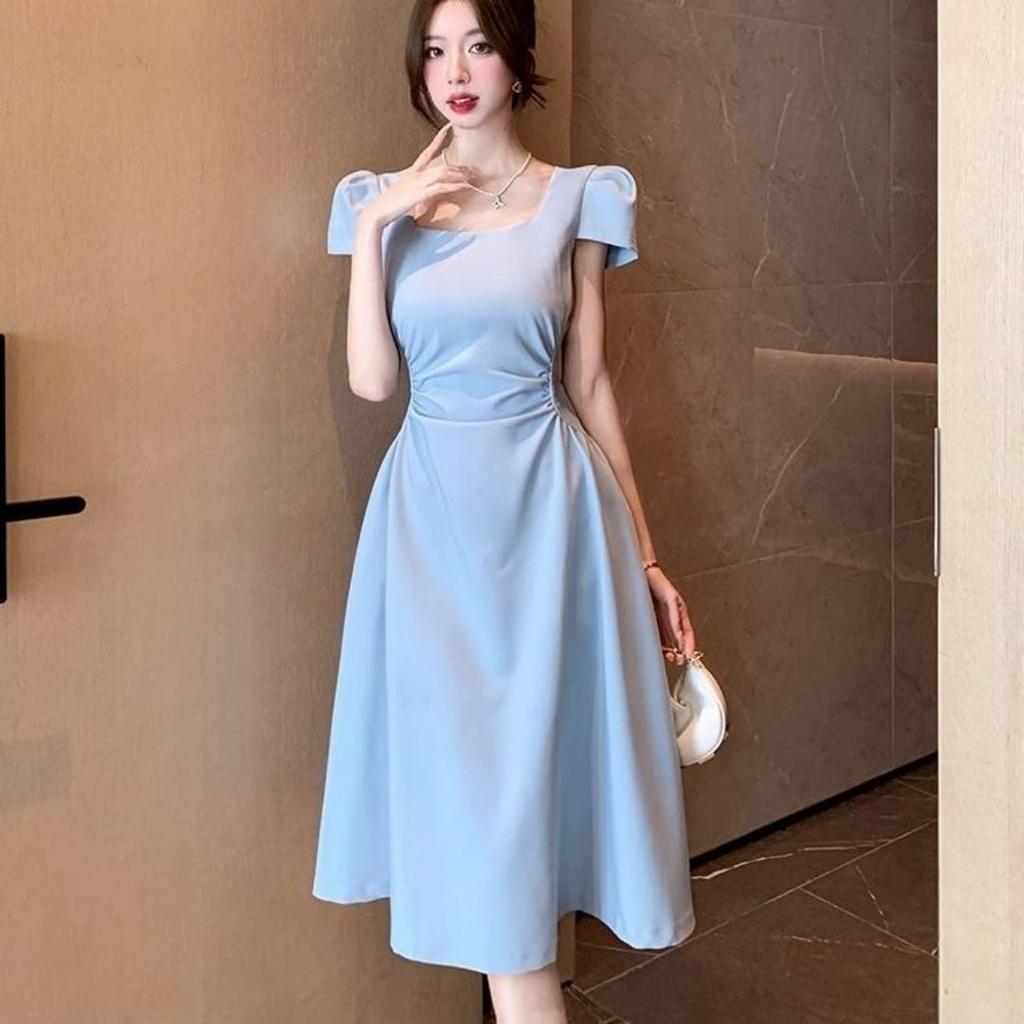 French coffee break square neck short-sleeved solid color dress summer new temperament waist fold fashion splicing long skirt