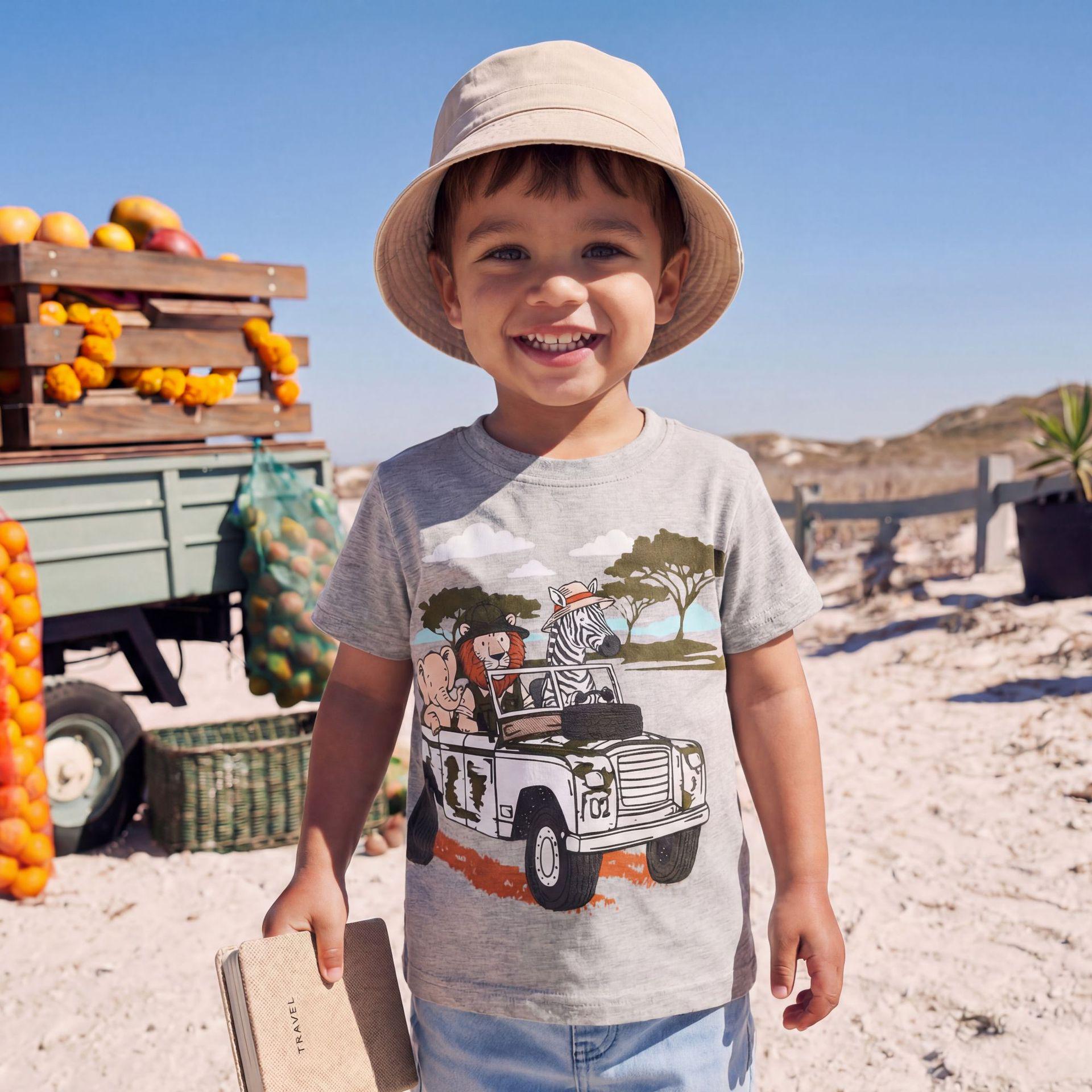 Summer Animal Print Round Neck T-Shirt for Men and Boys - Short Sleeve 90cm (2-3Y)