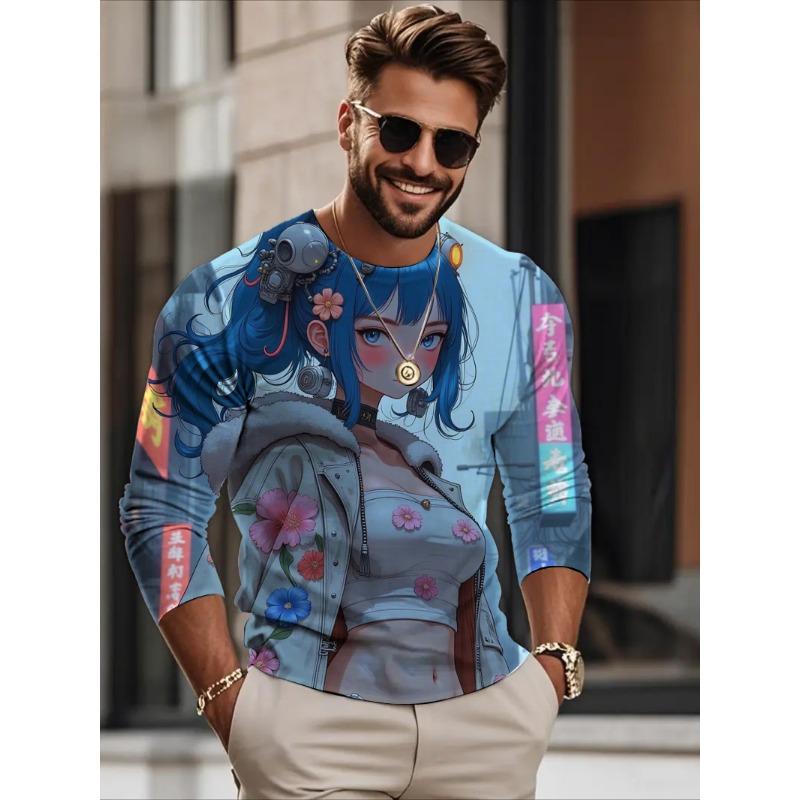 Autumn Men's Long sleeves T-shirt anime beauty sexy 3D printed casual loose Long sleeved T-shirt men's clothing tops