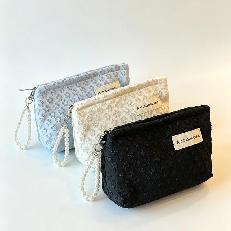 Three-dimensional Small Flower Embroidery Versatile Cosmetic Bag Female Korean Ins Hand Bag Portable Large-capacity Storage Bag