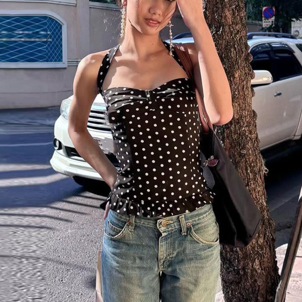 

Dot Halter Ruffle Vest Top Y2k Women Camisole Stylish Short Sleeve Crop Top Female L білий