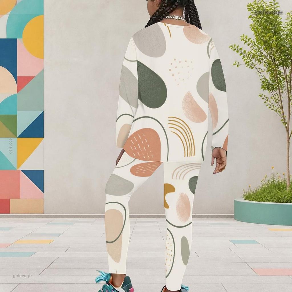 Girls Abstract Printed Round Neck Long Sleeve Top And Fitted Pants Two Piece Set