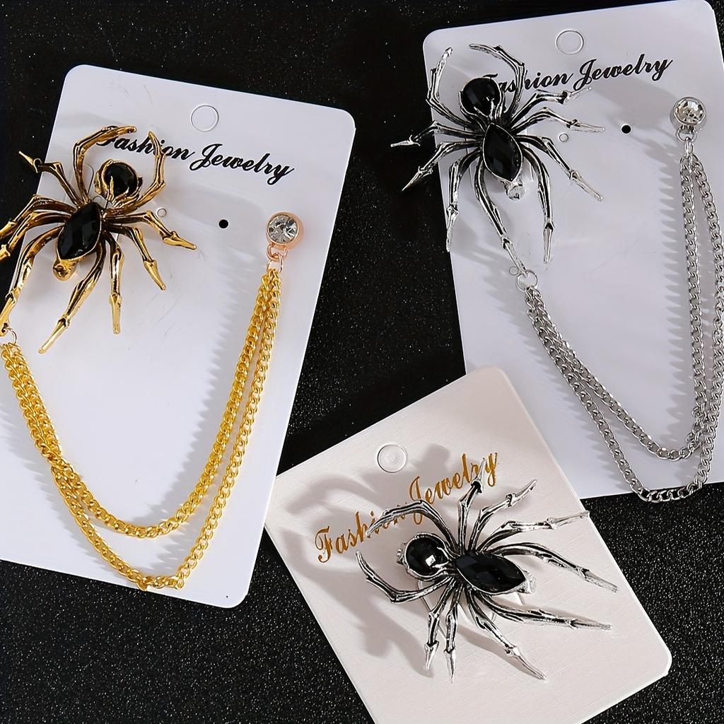 Golden & Silvery Alloy Spider Brooch Pins for Men | Vintage-Inspired Design, Faux Gemstone Embellished, Chain Necklace Accessory for Suits, Jackets