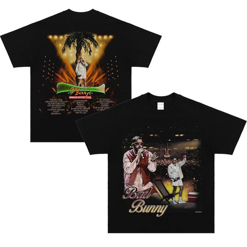 Bad Bunny Shortsleeved Tshirt Hiphop Casual American Style with A Small Collar and Distressed Digital Print