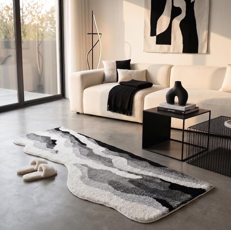Black White Gray Abstract Wave Runner Rug Stain Resistant Easy Clean Floor Mat For Bedroom Bedside Living Room Home Decor