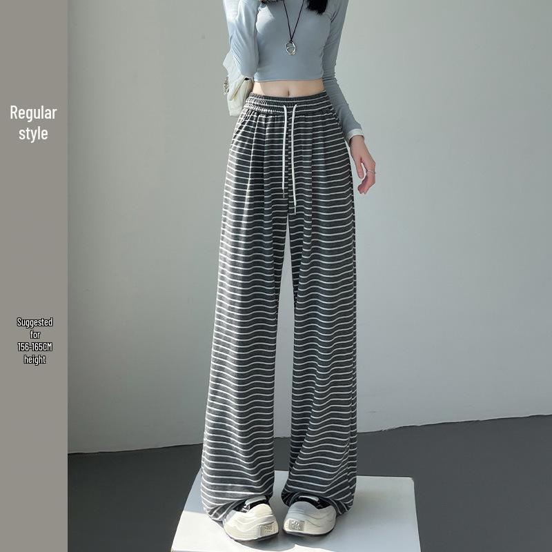 2025 Women's Black Stripe High Waist Wide Leg Pants - Spring/Autumn, Slimming & Casual