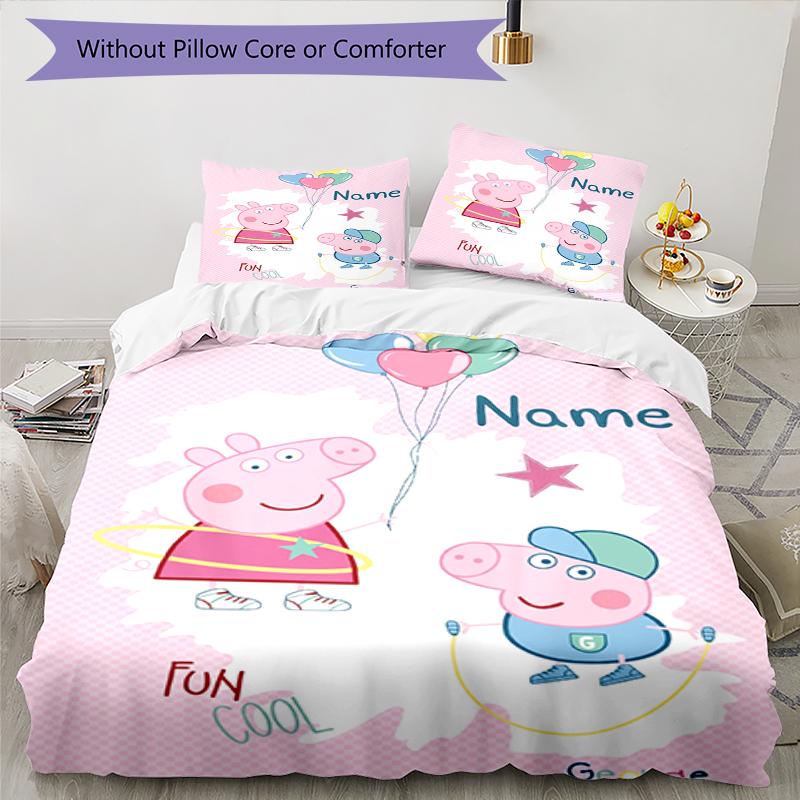 3Pcs Custom Name Peppa Pig Bedding Set Duvet Cover Closure Includes 1Duvet Cover 2Pillowcases Soft And Comfortable For All Seasons