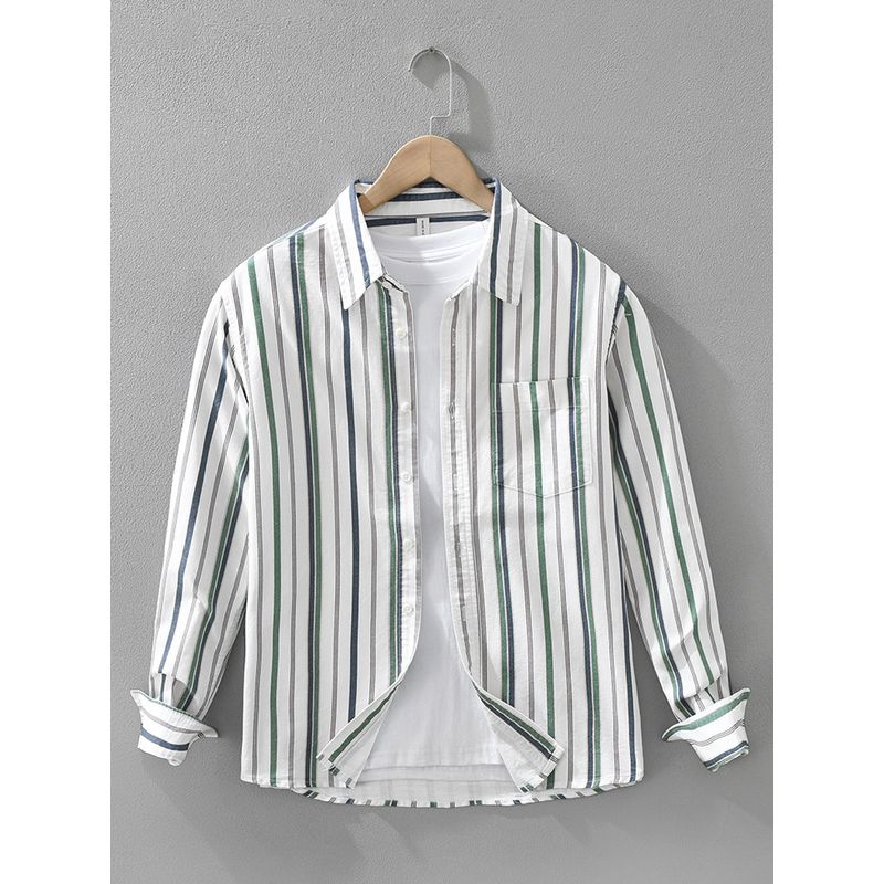 Spring Japan fashion Print Vertical Stripes Long sleeve Shirts Men's Loose Hong Kong Style Western Style Casual Shirt Outerwear Pure Cotton