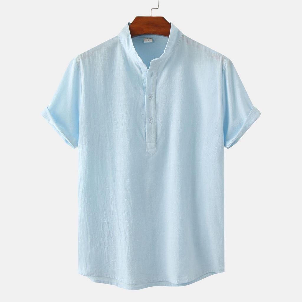 Summer 2024 Bestseller: Men's Solid Color Cotton Linen Stand Collar Short Sleeve Shirt - European & American Style