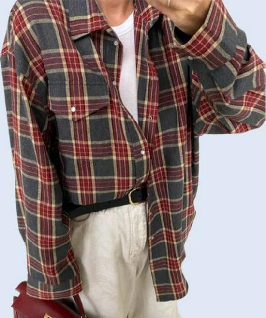 Women's Retro Plaid Long Sleeve Loose Lapel Shirt for Spring and Autumn