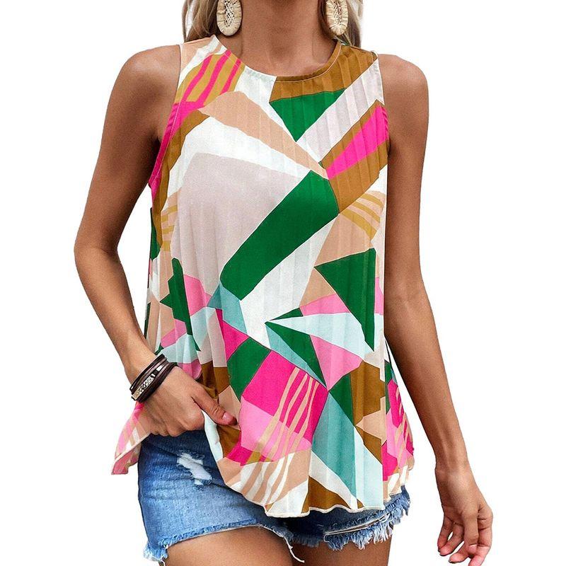 Summer New Arrival Geometric Print Pullover Sleeveless Tops Women 2025 European and American Leisure Loose Color Matching Outwear Vest Women