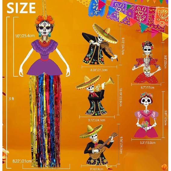 6 PCS Day of The Dead Sugar Skull Hanging Decorations, Dia De Los Muertos Decorations Mexican Fiesta Halloween Party Supplies for Ofrenda Altar Home