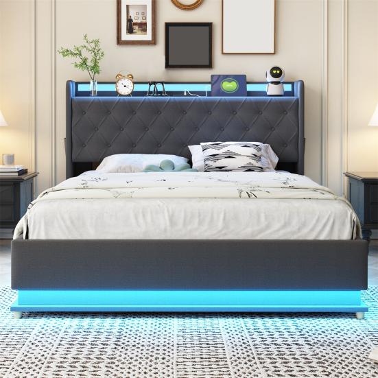 LED Polsterbett 140x200cm mit USB-Ladeanschluss und hydraulischem Stauraum, hautfreundlicher Leinenstoff Grau