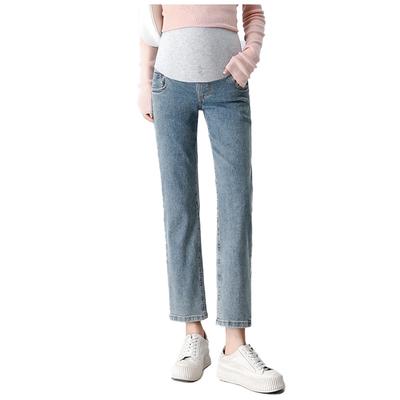 [Onabebi] Maternity Pants Jeans Straight Pants Nine-Central Length Pregnancy Clothes Thin and Fleece-Lined Adjustable Waist Pockets Body Shaping Leg-L