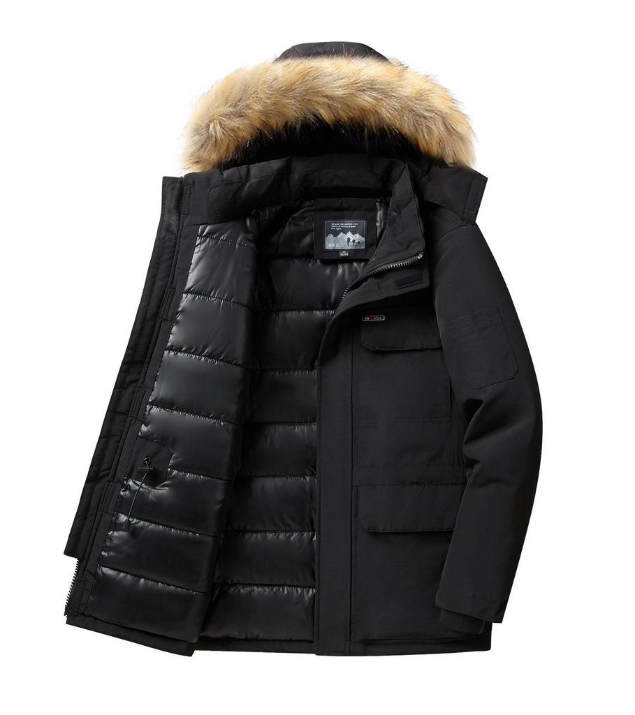 Men's Mid-Length Cotton Jacket with Fur Collar - Warm, Hooded, Windproof, Fashionable Outerwear