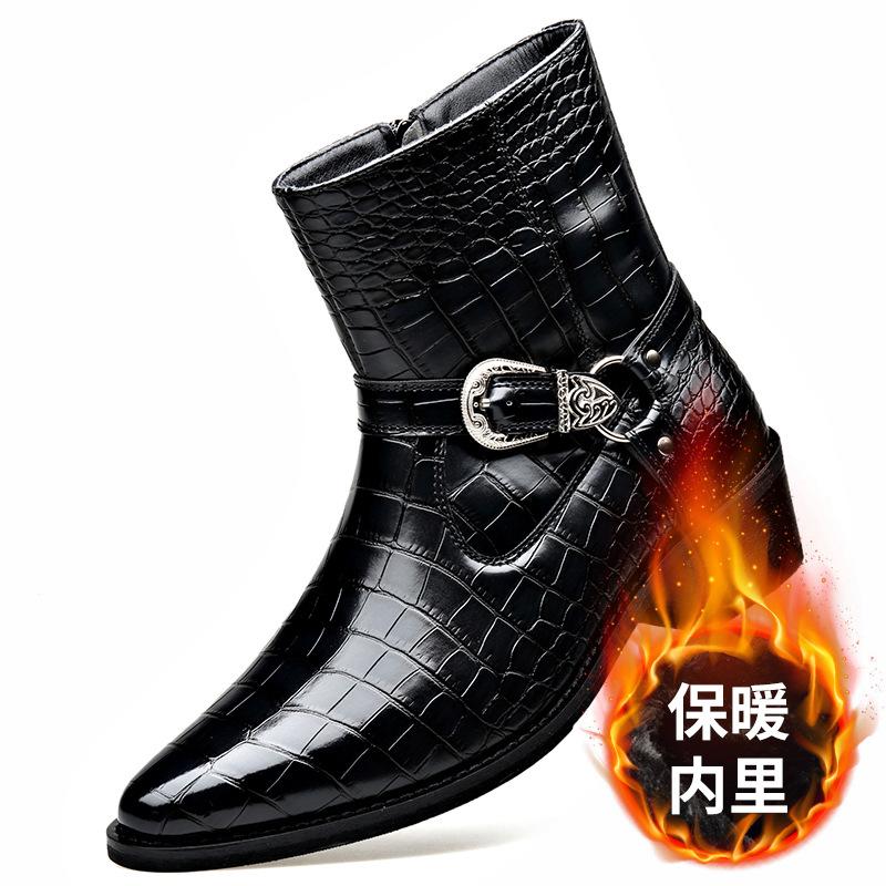 Fashion Big Size Buckle Designer Leather Chelsea Boots Men Fashion Casual Black Autumn Witner Dress Shoes Man Stone Pattern Ankle Boots