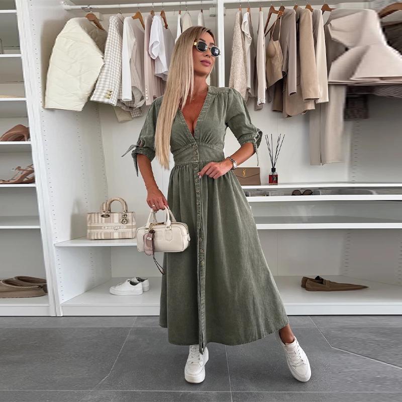 Fashion Sexy V-neck Denim Dress Women's Single Breasted Half Sleeved A-line Dress Solid Color Commute Minimalist Dresses Spring and Summer New