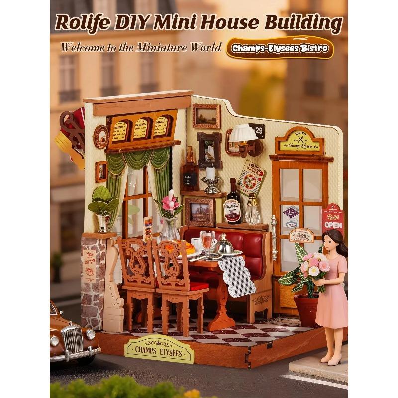 Rolife DIY Miniature House Kit Champs-Élysées Bistro Mini Dollhouse Model Building Kit Wooden 3D Puzzle Toys with LED Light for Home Decor Gift for