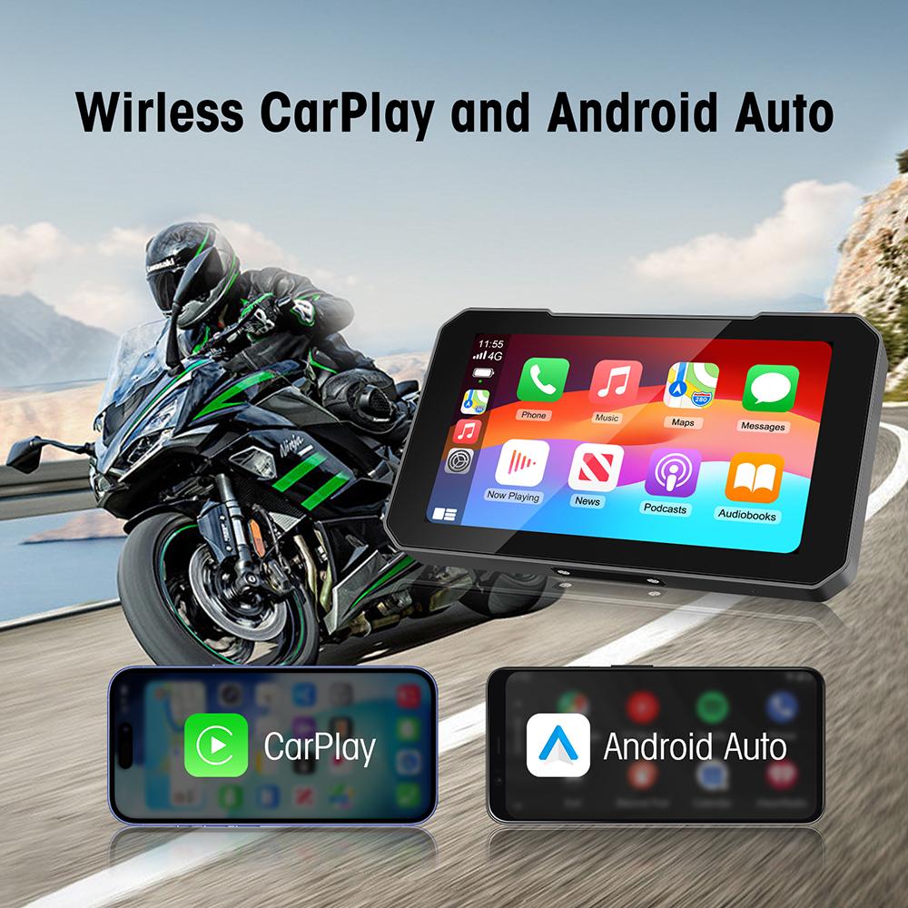 5" Motorcycle Navigation GPS Wireless Carplay&Android Auto Moto Monitor IPX67 Waterproof Display Dual Bluetooth