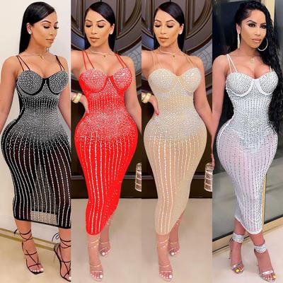 X3805 Women's Rhinestone Mesh Sling Party Dress - European & American Nightclub Fashion