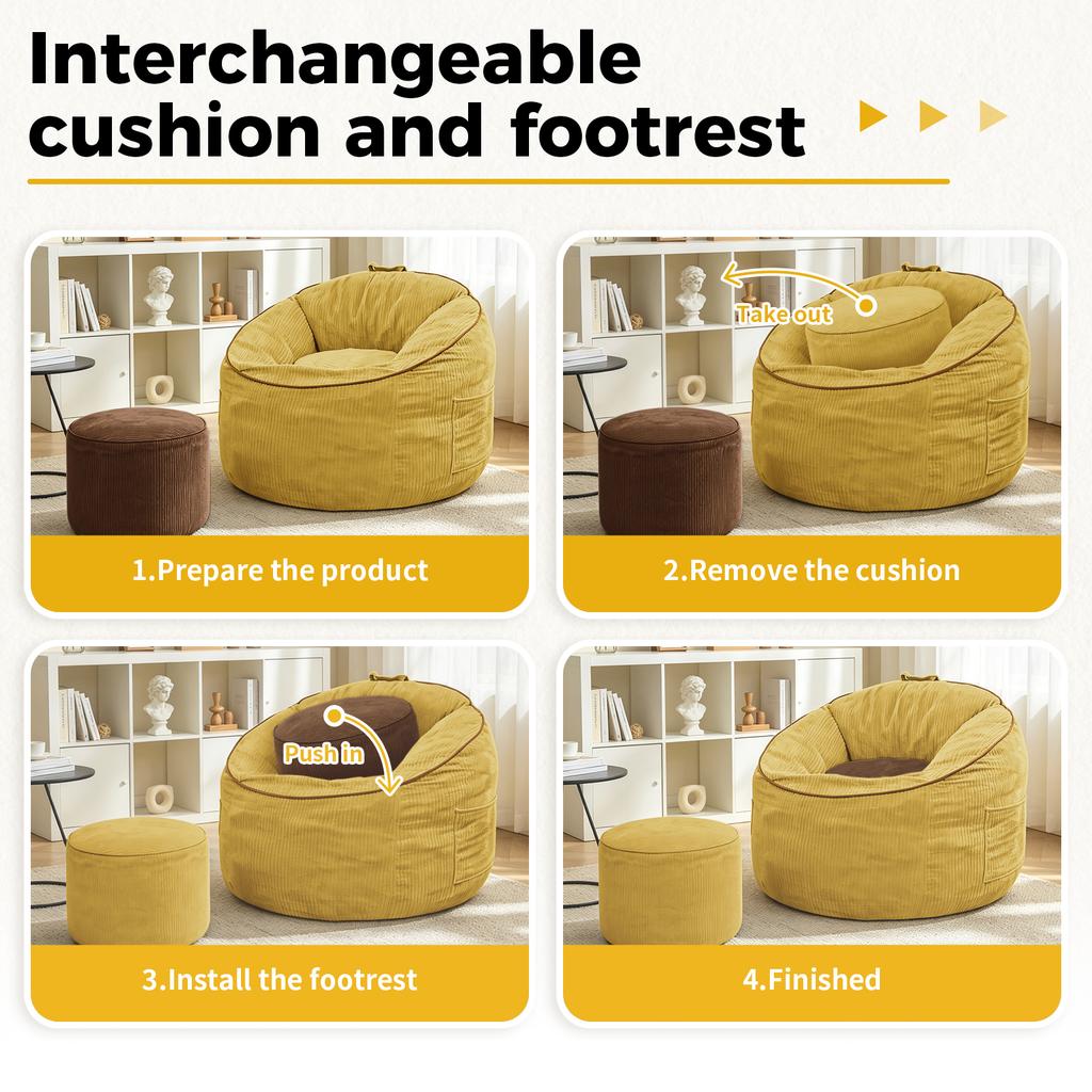 Ergonomic Curved Bean Bag Chair with Detachable Storage Pocket and Matching Cylindrical Ottoman for Modern Home Comfort