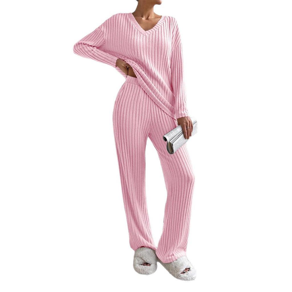 2025 Autumn Women's Cross-border Casual V-neck Rib-knit Set with Loose Straight-leg Pants