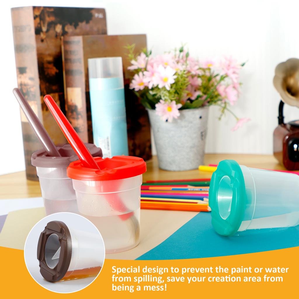 5Pcs Paint Cups Plastic Leak-proof Water Washing Cups with Brush Pen Washer Colorful Paint Brush Water Cup for Kids Art Supplies
