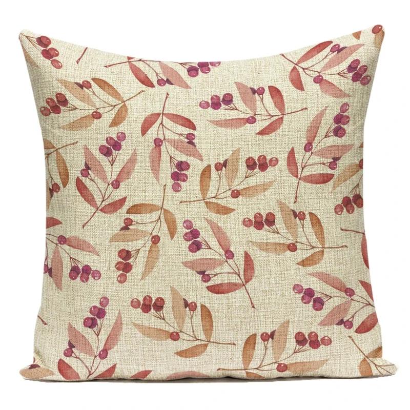Decorative Throw Pillows Case Linen Sofa Home Decor Pillowcase Pink Flower Plant Leaf Cushion Cover For Living Room